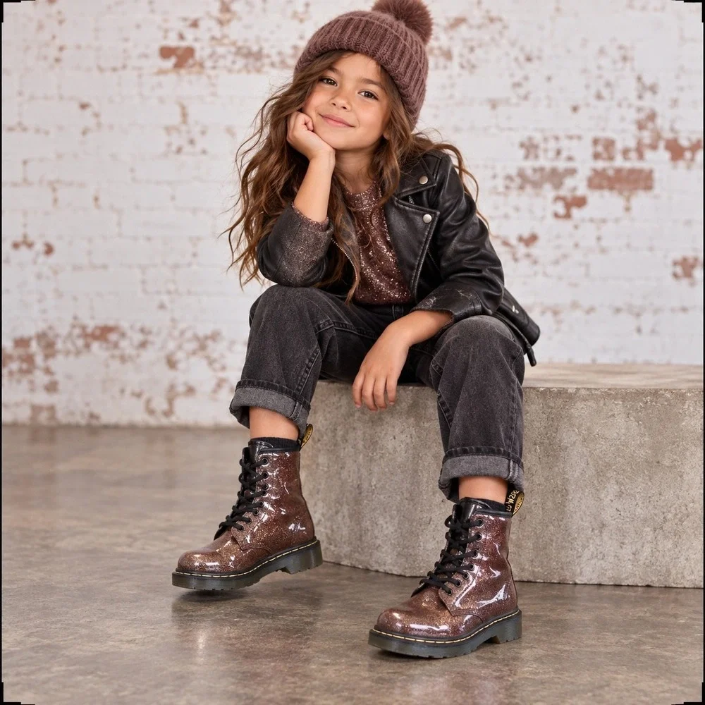 Kids Dr Martens 1460 Glitter J‎ Boots Size 1 US Kids Glitter Brown Lace Up zip